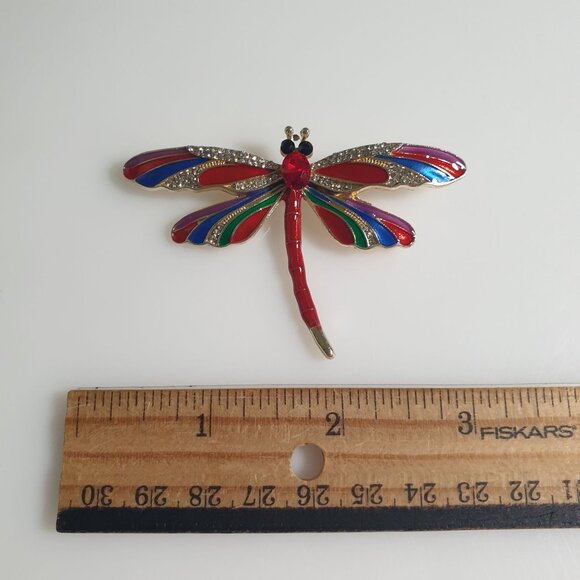 Dragonfly Brooch Rhinestones Red Green Blue Gold Tone Sparkling Enamel Jewelry - Picture 3 of 4
